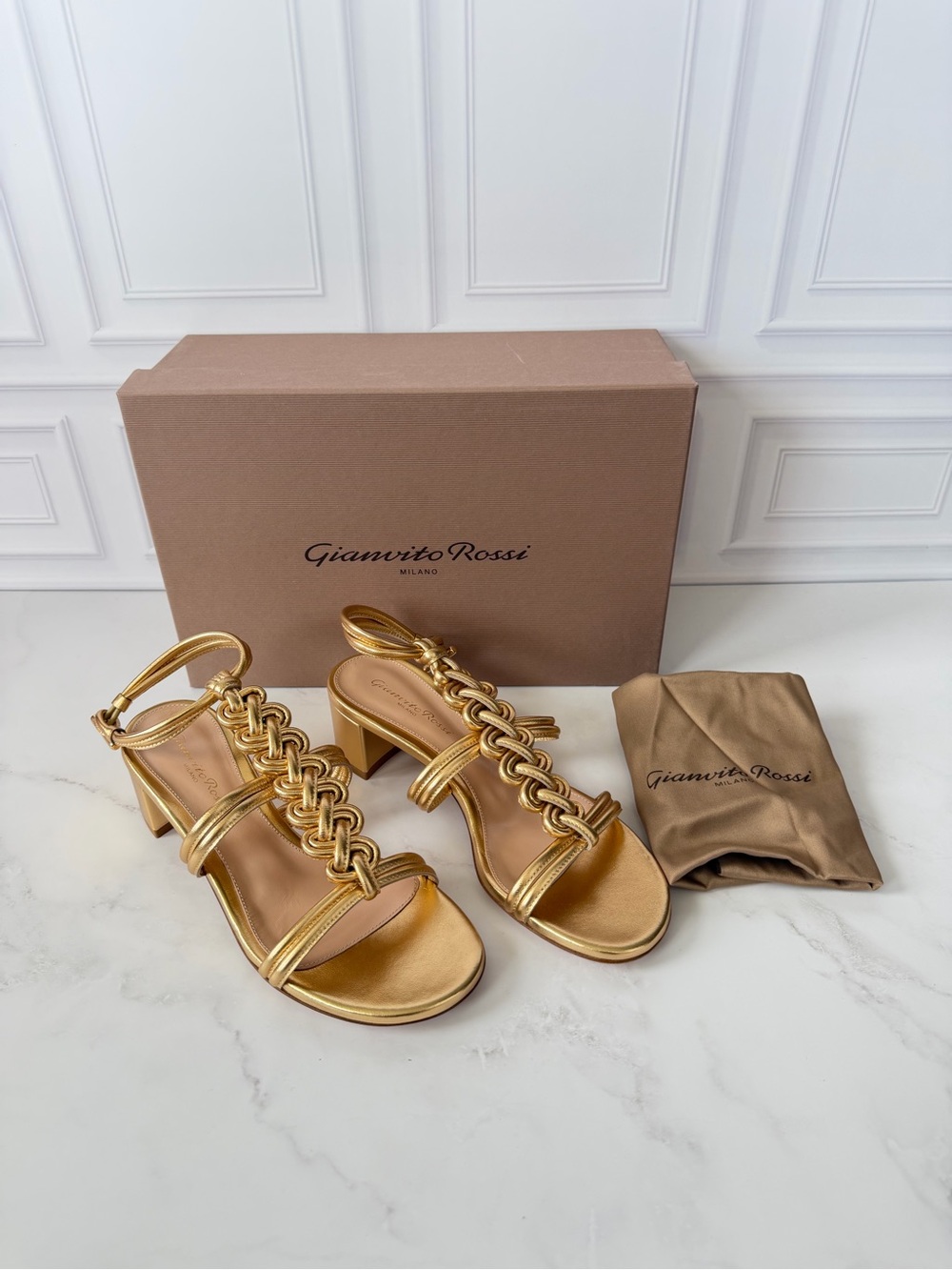Gianvito Rossi Capua 45 Gold Metallic Leather Sandals Size 36 Italy NIB Luxury